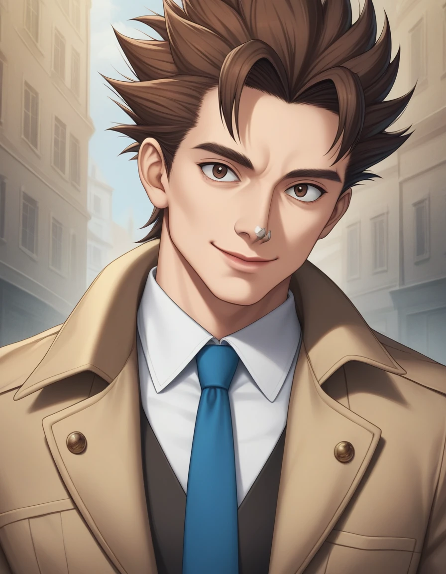 1man, veteran mature detective, muscular, boned nose, wavy slicked back spiked hair, yellow_brown hair, BREAK shihaku, brown eyes, dandy, virile, stubble, square shaped, large eyes, ugly, rough skin, facial wrinkles, ideal ratio body proportions, ordinaly, cute uncle, beautiful detailed eyes, broad waist, 40yo dude, languid, BREAK solo, upper legs, white collared shirt, blue necktie, brown trench coat, dark worn-out suit, cute smile, standing, in detective agency, detailed background, BREAK dandy posing, dramatic expression, oil colored, in capcom art style, in old eroge style, 2000s, masterpiece, best quality, BREAK score_9, score_8_up, score_7_up, source_anime, rating_safe, score_6_up, score_5_up, score_4_up
