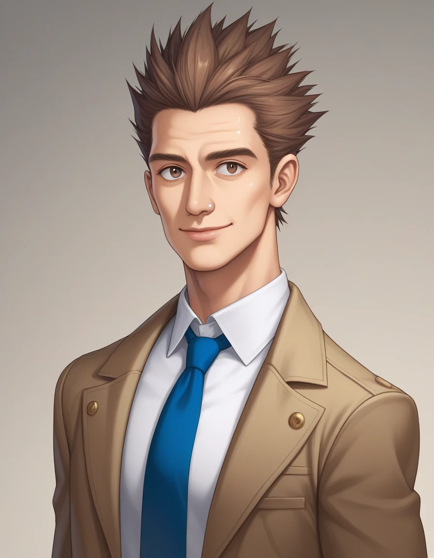 1man, veteran mature detective, muscular, boned nose, wavy slicked back spiked hair, yellow_brown hair, BREAK shihaku, brown eyes, dandy, virile, stubble, square shaped, large eyes, ugly, rough skin, facial wrinkles, ideal ratio body proportions, ordinaly, cute uncle, beautiful detailed eyes, broad waist, 40yo dude, languid, BREAK solo, upper legs, white collared shirt, blue necktie, brown trench coat, dark worn-out suit, cute smile, standing, in detective agency, detailed background, BREAK dandy posing, dramatic expression, oil colored, in capcom art style, in old eroge style, 2000s, masterpiece, best quality, BREAK score_9, score_8_up, score_7_up, source_anime, rating_safe, score_6_up, score_5_up, score_4_up