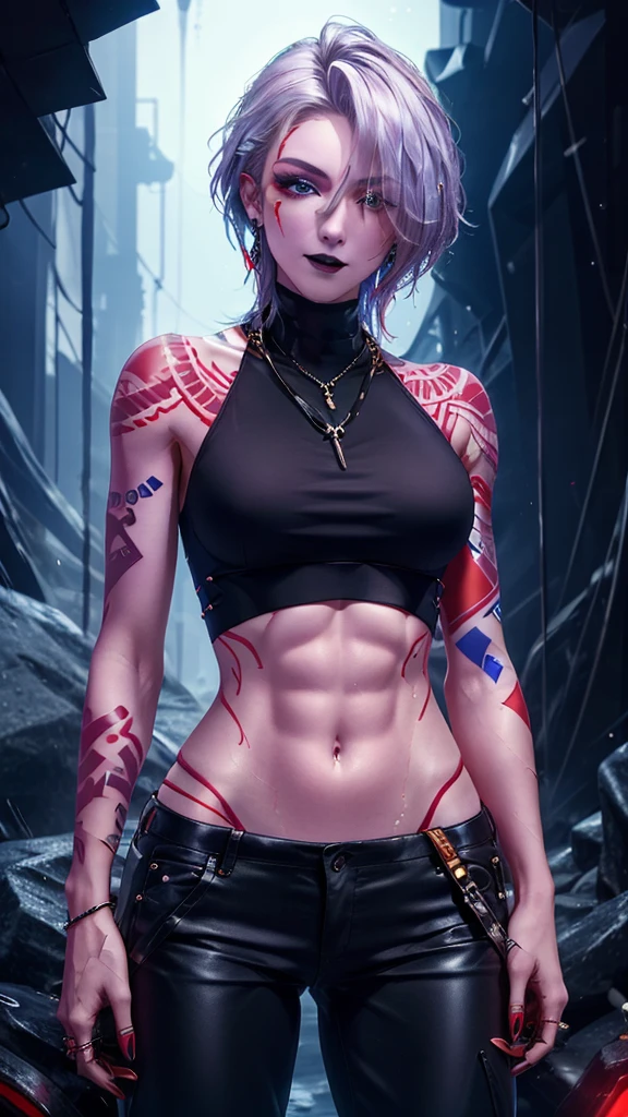 Zoya, perfect lighting, extremely detailed CG, 1girl, breasts, earrings, jewelry, makeup, medium breasts, necklace, shorthair, solo, Glowing red tattoo, arm tattoo, silver hair, wet, standing, pants, crop top,((masterpiece:1.2, best quality, high resolution, distinct image)), Zoya from path to nowhere, muscular female, sharp eye, Glowing red tattoo, perfect lighting, big breasts, bright white hair, black lips