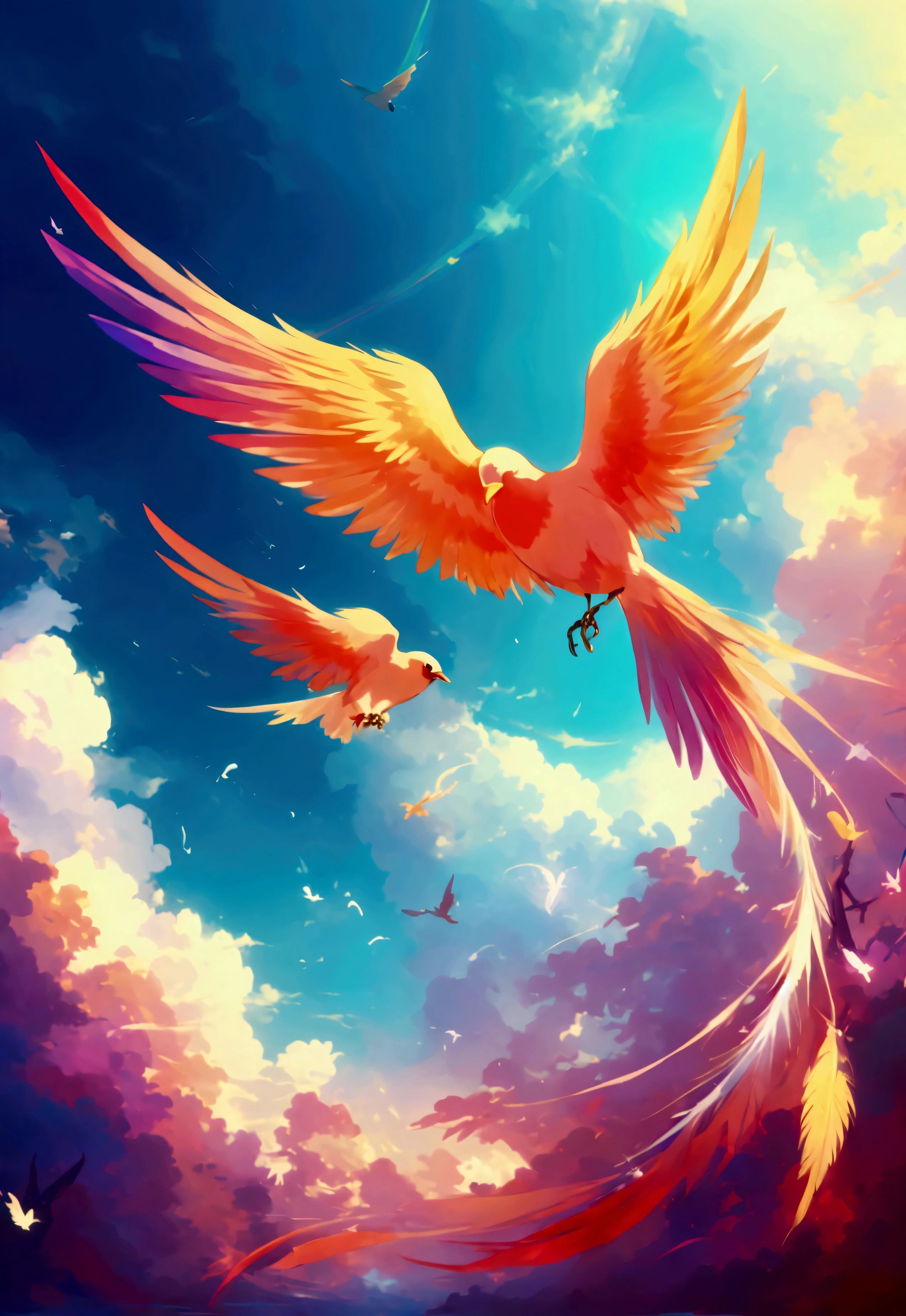 
anime、デジタルanimeアート、Flat Design,(masterpiece:1.2)、high quality、High resolution、Very detailed、(Amazingly absurd:1.2)、break,Bird with rainbow feathers、Colorful background、Beautiful light effects、Fantastic landscape