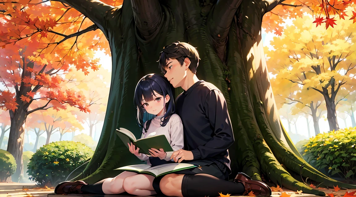 Canada、autumn leaveaple、hill、Maple、Leaves fall、One man and one woman, A man is sitting under a tree and reading。Woman sleeping on man&#39;s lap、Blissful expression、Korean Drama、Tokkebi、Gong Yoo、Kim Go Eun, Man in a stylish suit, Woman wearing a long-sleeved sweater, Pleated skirt, Red scarf、
