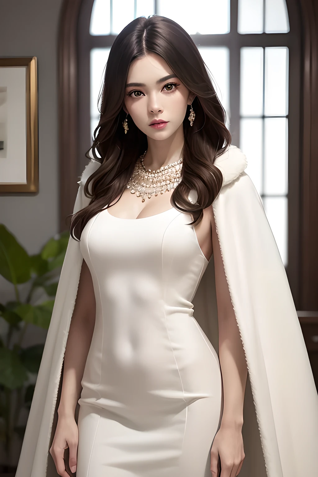 A lady with extraordinary temperament, she stands in a modern indoor space, as if she is a model from a fashion magazine. She is wearing a (pure white long fur cape), the softness and luster of which makes her look more noble under the light, and complements her (beige dress) underneath, showing her gentle temperament while maintaining a sense of fashion. The style of the dress is simple and generous, a perfect match, and it lengthens her figure, making her tall and charming. The lady's makeup is delicate and elegant, which just highlights her facial features and makes people unforgettable at first sight. Although the earrings and necklace she wears are not ostentatious, they add a bit of sophistication and nobility to her overall look. Her hair is casually draped over her shoulders, and every strand of hair exudes a natural luster,, (best quality,8k,highres,masterpiece:1.2),ultra-detailed,(realistic,photorealistic,photo-realistic:1.37),studio lighting,ultra-fine painting,sharp focus,physically-based rendering,extreme detail description,professional,vivid colors