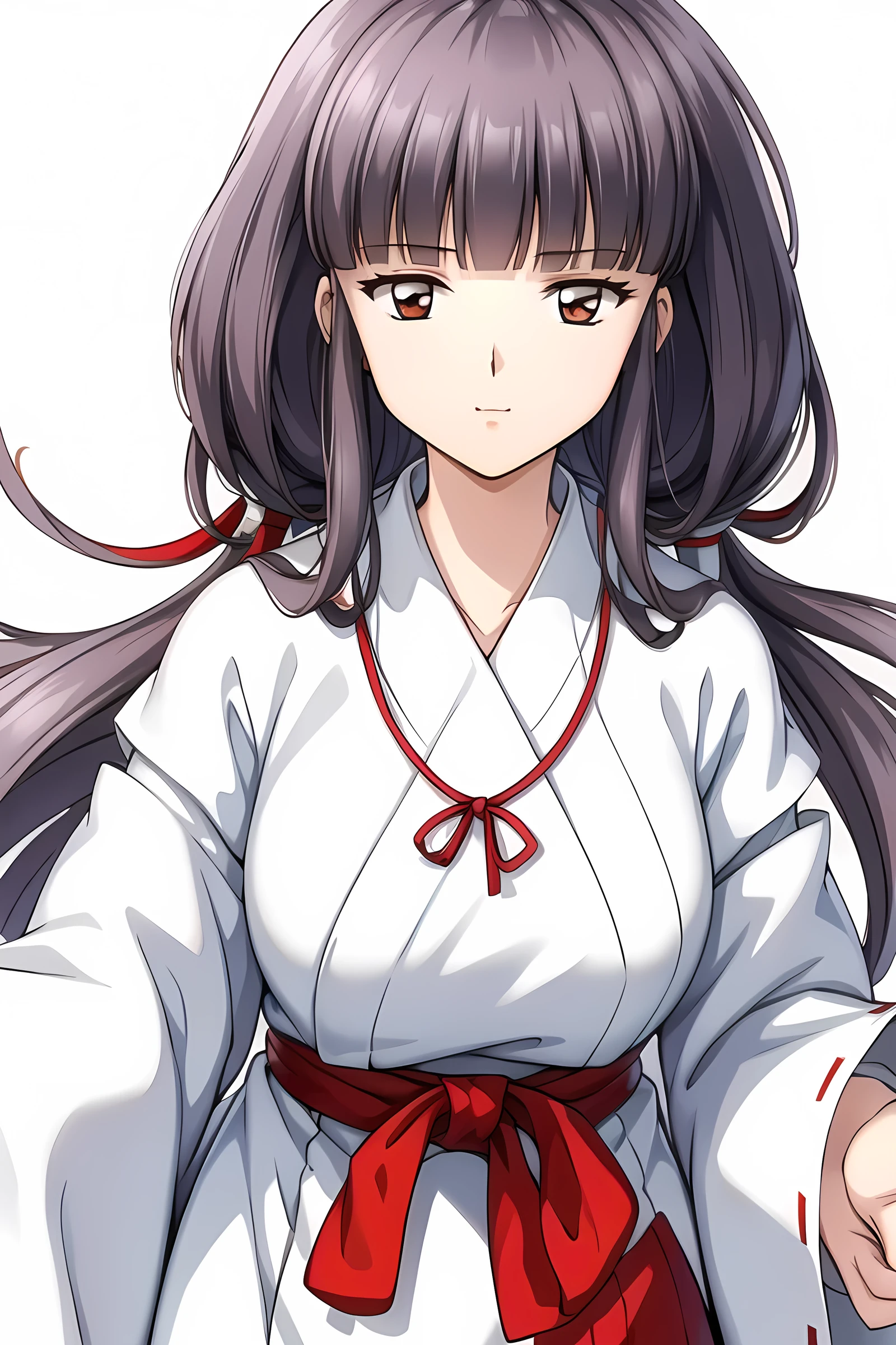 simple white background,
white kimono,white japanese clothes,wide sleeves,
(red_In addition:1.1),(red_Skirt:1.1),
hits, blunt hits, Brown eyes, by the wide,black fur,
1 girl, 20 years,young woman,beautiful Finger,beautiful long legs,beautiful body,
beautiful Nose,beautiful character design, Perfect eyes, perfect face,expressive eyes,perfect balance,
looking at the viewer,(Focus on her face),Closed mouth, (innocent_big_eyes:1.0),(light_smile:0.3),
official art,Extremely detailed CG unity 8k wallpaper, perfect lighting,showy, bright_Forehead_face_lighting,White skin,
(masterpiece:1.0),(better_quality:1.0), ultra high resolution,4k,ultra detailed,
Photography, 8k, HdR, High resolution, absurdities:1.2, Kodak photo 400, film grain, blurred background, bokeh:1.2, Lens flare, (Vibrant_Color:1.2),Photography profesional,
(beautiful,big_old:1.4), (beautiful_face:1.5),(narrow_waist),