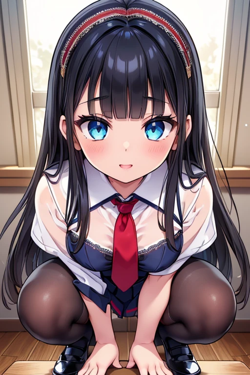 masterpiece, best quality, highres, absurdres, yukinoshita_yukino, 1girl, ahoge, black hair, aqua eyes, red ribbon, school uniform, black bra, small breasts