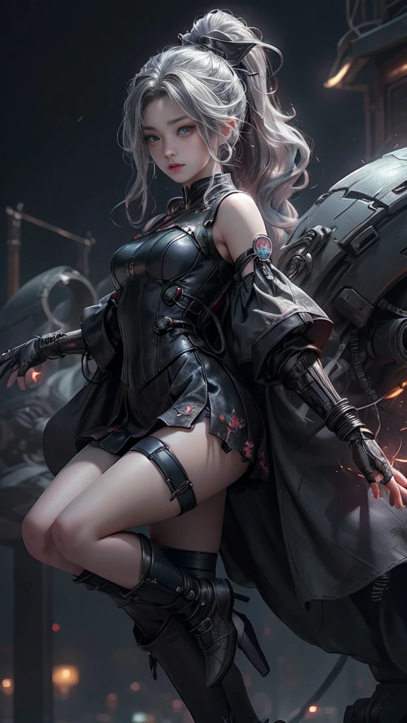 ((Best Quality)), (Masterpiece)), (Details:1.4), 3D, Android Girl, Mechanical Body, Skeleton Skin, Off-the-Shoulder Fashion That Fuses Detailed and Intricate Steampunk and Detailed Gothic Lolita, Has a Very Large Mechanical Weapon, Countless Glowing Large Spheres Flying Around Spinning, Lots of Sparks Crossing and Splashing, Magic-invoking poses, dynamic action poses, spinning and flying celestial bodies, countless neon lights raining down from the heavens, very thin long legs, over-the-knee mechanical boots, intricate steampunk headgear, fluttering lace flared miniskirts, off-the-shoulder fashion by fusing futuristic cyborgs with detailed and intricate steampunk and detailed gothic lolita, Beautiful little breasts pointing upwards, clean long silver hair, long vertical curly, wind driven, futuristic complex steampunk factory background, cinematic lighting, HDR (High Dynamic Range), ray tracing, NVIDIA RTX, super resolution, Unreal 5, subsurface scattering, PBR texturing, post-processing, anisotropic filtering, depth of field, Maximum clarity and sharpness, multi-layer textures, albedo and specular maps, surface shading, accurate simulation light material interaction, perfect proportions, octane rendering, two-tone lighting, wide aperture, low ISO, white balance, rule of thirds, 8K RAW,