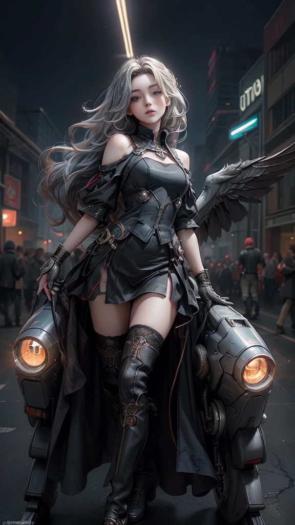 ((Highest quality)), ((Truly a masterpiece)), ((Ultra-detailed:1.4)), ((Ultra-Photorealistic 3D)), Android Magical Girl, Mechanical body, Dynamic action poses for battle scenes, Very complex and heavy fighter aircraft mechanical armament, Off-the-shoulder fashion that combines steampunk and gothic lolita with attention to detail, Intricate steampunk headgear, Very thin、Over-the-knee reggae mechanical boots、Fluttering lace flare mini skirt、 Beautiful small breasts directed upwards、Swaying in the Wind、Long, curly silver hair,、Countless large, shining spheres fly around、Lots of sparks cross and fly、Countless neon lights pouring down from the magical pose、Complex and precise mechanical Night City、Very dark background、Very dramatic and cinematic lighting、Big wings on the back8Growing in Sheets。