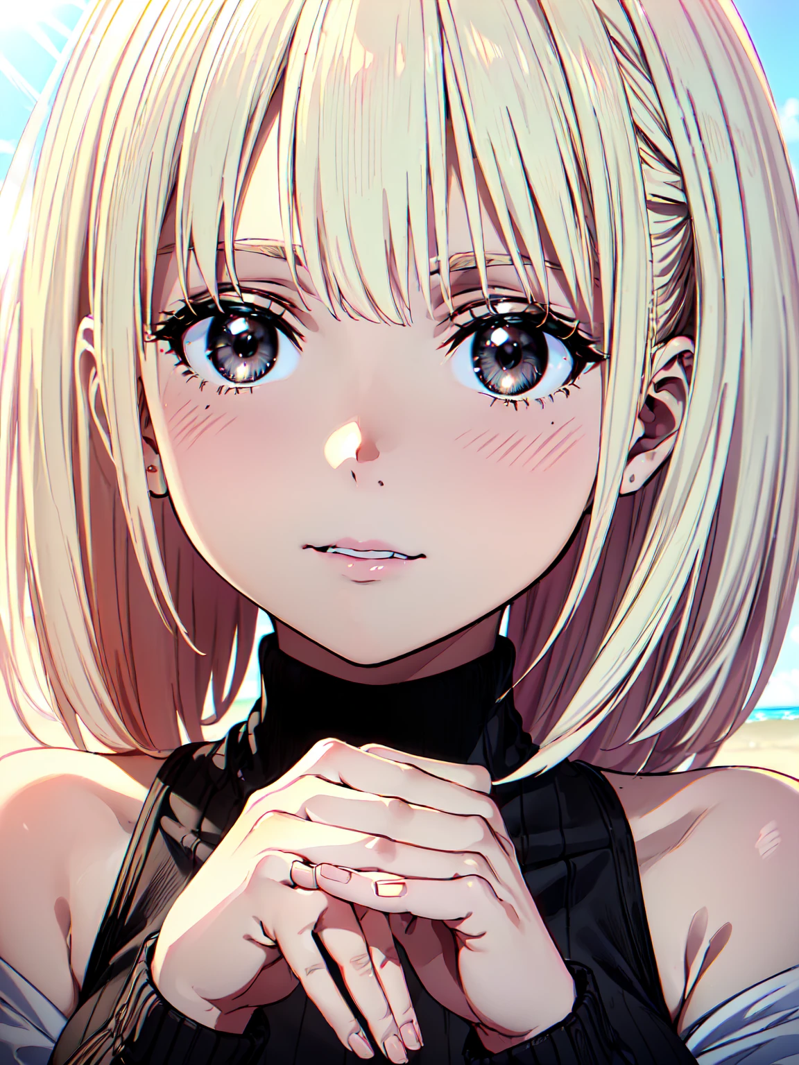 1girl, outdoors, beach, evening, sunglare, light smile, dynamic shot,medium shot, upper body、((turtleneck shirts:1.3)).(black turtleneck shirts:1.3)、(blonde hair.)、(arms behind back)、(well-proportion)、(looking at viewer)、(black eyes:1.5)、((best quality, masterpiece,,Highest quality、High resolution,8k,ultra-detailed face,アニメ,ultra-detailed eyes,ultra-detailed hands,ultra-detailed fingers,ultra-detailed eyes, ultra-detailed hair, ultra-detailed hands,shiny skin, Silky Pale White,ultra detailed and beautiful, Model Pose))