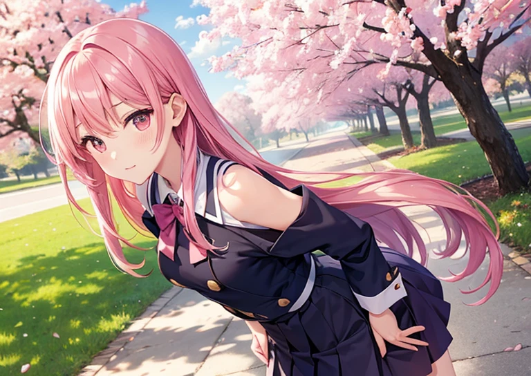 uniform,Off the shoulder,under the cherry tree,Hands on hips,Leaning forward,Pink medium long hair