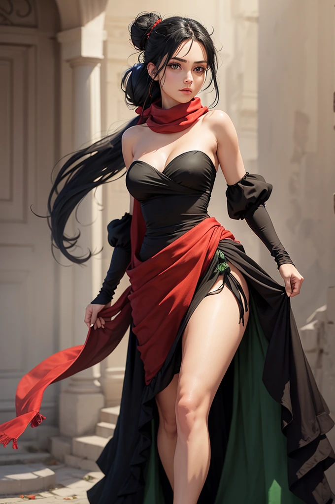 fullbody view, female, green eyes, black hair tied to a bun, strapless full dress, red scarf around her neck, flowy arm sleeves, silk gloves, a fabric is wrapped around her waist