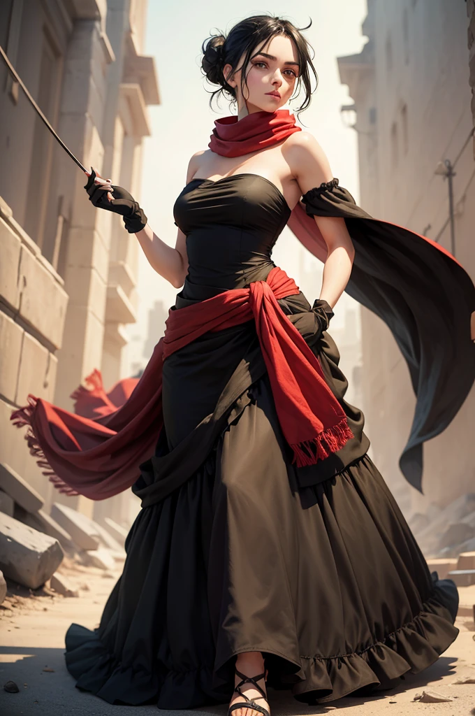 fullbody view, female, green eyes, black hair tied to a bun, strapless full dress, red scarf around her neck, flowy arm sleeves, silk gloves, a fabric is wrapped around her waist