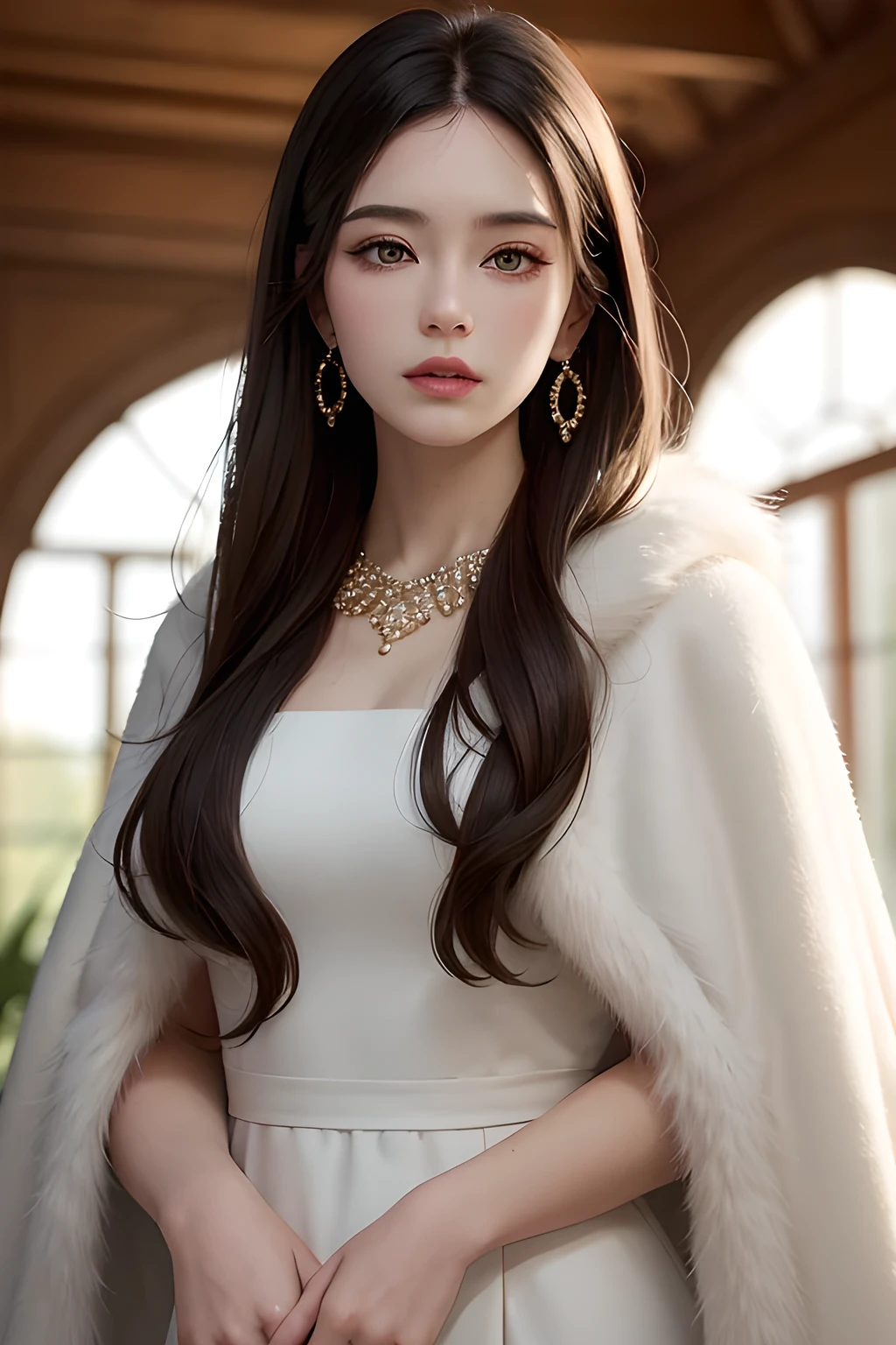A lady with extraordinary temperament, she stands in a modern indoor space, as if she is a model from a fashion magazine. She is wearing a (pure white long fur cape), the softness and luster of which makes her look more noble under the light, and complements her (beige dress) underneath, showing her gentle temperament while maintaining a sense of fashion. The style of the dress is simple and generous, a perfect match, and it lengthens her figure, making her tall and charming. The lady's makeup is delicate and elegant, which just highlights her facial features and makes people unforgettable at first sight. Although the earrings and necklace she wears are not ostentatious, they add a bit of sophistication and nobility to her overall look. Her hair is casually draped over her shoulders, and every strand of hair exudes a natural luster,, (best quality,8k,highres,masterpiece:1.2),ultra-detailed,(realistic,photorealistic,photo-realistic:1.37),studio lighting,ultra-fine painting,sharp focus,physically-based rendering,extreme detail description,professional,vivid colors
