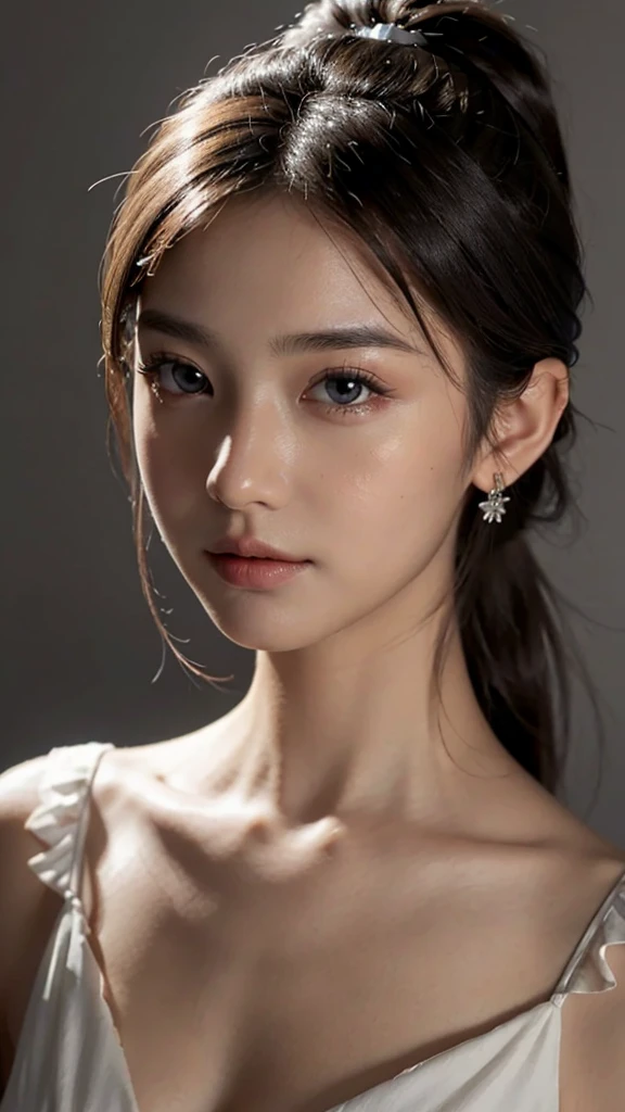 Close up face,Orange  Sleeveless Dress Style,Frilly dress,ruffled edges, layered,Accessories: Flower hairpiece, ribbon, fitted body,Commercials for luxury cosmetics style,Commercial filming studio,The background is all gray,Body in front,fully body photo,masutepiece, The highest image quality, High quality, the background is clear,Beautiful woman, Japanese, Detailed, Ultra-detailed, finely detail, hight resolution, 8K Wallpaper, Perfect dynamic composition, Beautiful detailed eyes ,Detailed eyes, Detailed skin, Beautiful skin, 超hight resolution, (reality: 1.4),Very beautiful woman, Slightly younger face, Beautiful skin, slender, (Ultra photo realsisim), (hight resolution), (8K), (Very detailed) (beautifully detailed eyes), (super detailed),   (Detailed face), view the viewer, Fine details, Detailed face, Staring straight ahead, Staring straight ahead, photos realistic, Bright lighting, Professional Lighting, Black hair,poneyTail,a baby face,sixteen years old,Hairstyle: ponytail,Long ponytail hairstyle,slight smile,