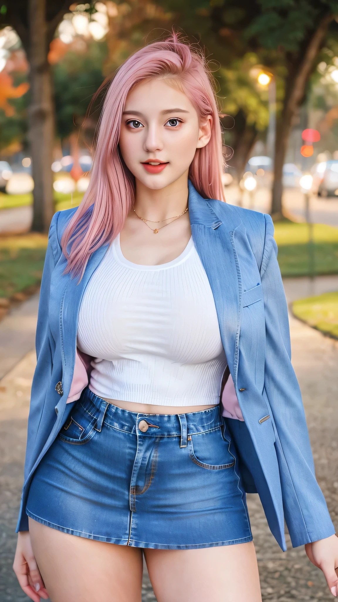 Gorgeus Girl, Beautiful, 20 Years Old, White Skin, Largest Breasts, Movie Lighting, wearing denim skirt suit, very tight skirt suit, white sport tanktop suit, Bokeh, Masterpiece, ((Medium hair)), pink Hair, shiny hair, in park, open mouth,seductive expresion, seductive pose, full body, ((cleavege)), heavy breast