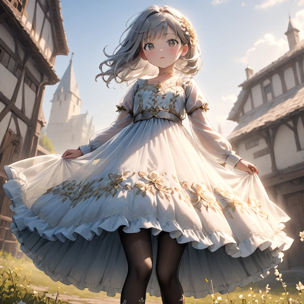 (Highly detailed CG Octane render 8k wallpaper), 8 year old girl underwear, You can see the real bloomers made of cotton fabric., Medieval translucent long dress with panniers, Fabric Realism, Low Angle, Pull up the dress by hand, Strong winds, Translucent slip, Translucent slip, tights, Highest quality, whole body, I can see your thighs, Silver and gold embroidery