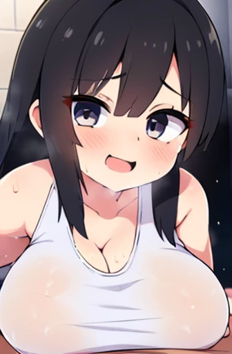 (((((Completely naked))))),(((Open your mouth))), face,Black Eye,Dark Eyes,Black Hair,Long Hair,((Wet Hair)),Hot Face,((Heavy breathing)),Big Breasts,Slightly larger belly,((White tank top)),Accentuate the cleavage,Wet clothes,(Leaning forward),((Looking into the camera)),With a sexy smile,