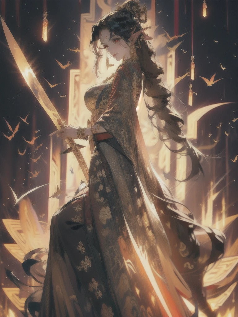 1 female goddess, dragon horns, golden dragon slit eyes, ultra high quality, ultra high resolution, big breasts, slender yet curvaceous body, pointed ears, kind yet cruel smile, golden chain with a ruby dagger pendant, wearing red robes with intricate gold designs big eyes, perfect body with 6'1" height, golden pagoda background, old chinese martial background, long spear of pure black colour and embedded gold patterns.