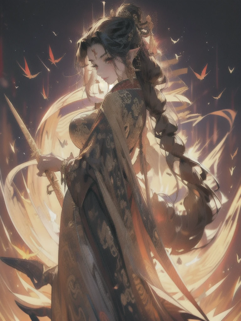 1 female goddess, dragon horns, golden dragon slit eyes, ultra high quality, ultra high resolution, big breasts, slender yet curvaceous body, pointed ears, kind yet cruel smile, golden chain with a ruby dagger pendant, wearing red robes with intricate gold designs big eyes, perfect body with 6'1" height, golden pagoda background, old chinese martial background, long spear of pure black colour and embedded gold patterns.