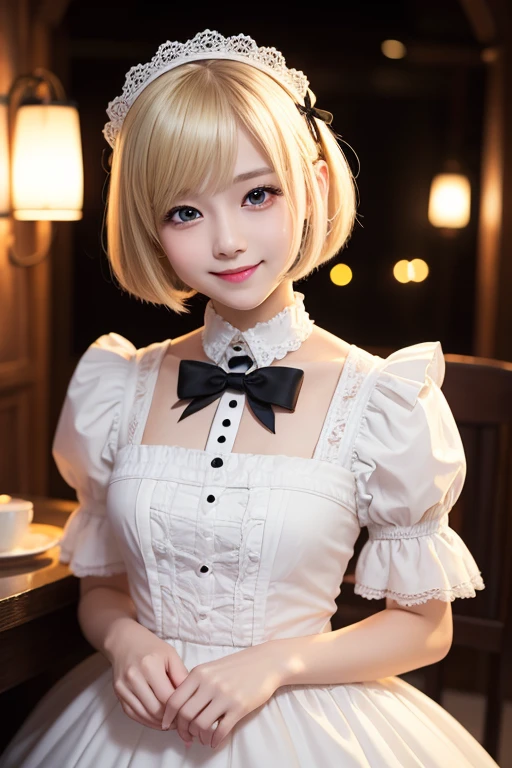 masterpiece、Highest quality、８ｋ、1 Girl、blonde hair bob cut, White skin、whole body、Gospel Lolita Fashion、maid Cafe、night、light、Listen to orders、Cute Smile