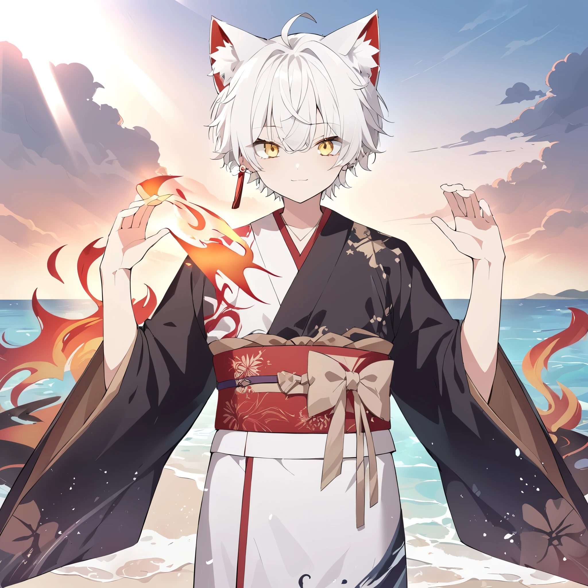 cat_boy,1boy,male focus,
animal ears,white hair,single long lock,((split color kimono)),(white kimono),(black kimono),(red lapel),ahoge,yellow eyes,dot nose,closed mouth, beach, ocean,happy, cute, sunlight,cowboy shot,waterstream, splash,red single earring,obi,red sash,beige bow,print kimono,beautifl hands,striking visuals,glowing,layered silhouettes, depth and dimension, creative expression,Flame Art, translucent forms, ephemeral beauty, Flame textures, portrait,looking at viewer,(front),using magic, Challenging pose,  Hand Raised with Red Magic Around It, shining eyes