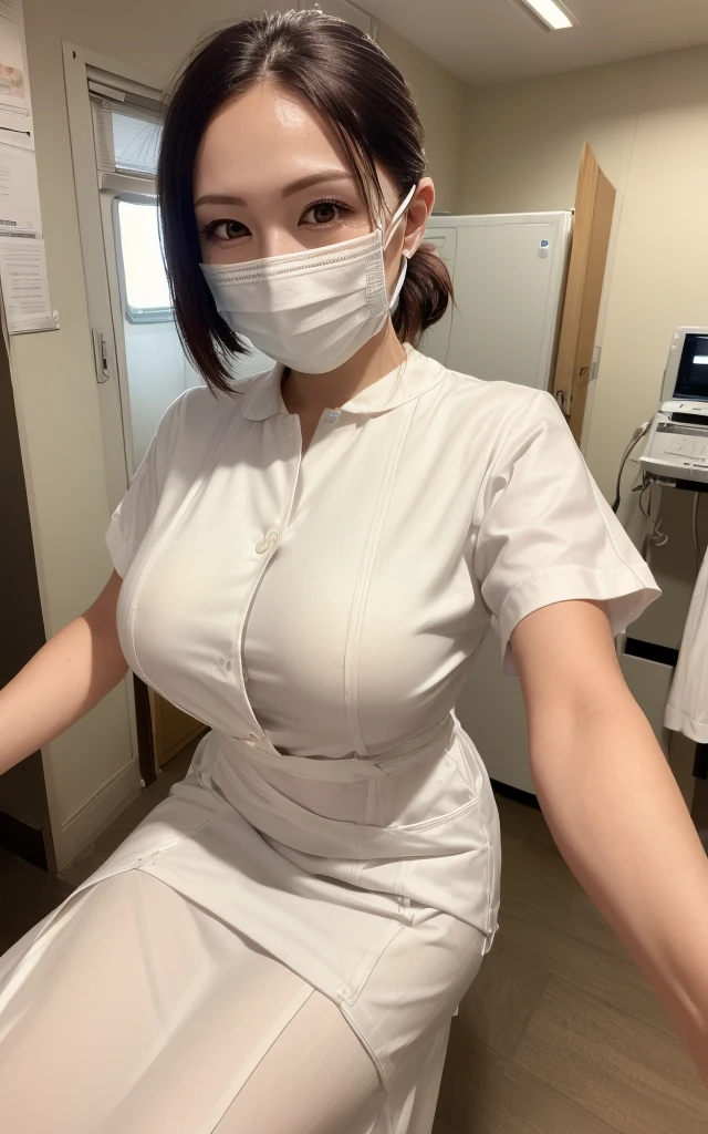 1 girl,(Wearing white nurse clothes:1.2),(RAW Photos, Highest quality), (Realistic, photo-Realistic:1.4), masterpiece, Very delicate and beautiful, Very detailed, 2k wallpaper, wonderful, finely, Very detailed CG unity 8k wallpaper, Very detailedな, High resolution, Soft Light, Beautiful detailed girl, Very detailed eyes and face, Beautiful and detailed nose, finely beautiful eyes, nurse, Perfect Anatomy, Black Hair, Low ponytail style, nurse uniform, ((mask)), Long skirt, nurse, White costume, thin, hospital, clear, White Uniform, hospital room, Bobcut, Big Breasts、(Erect nipples)