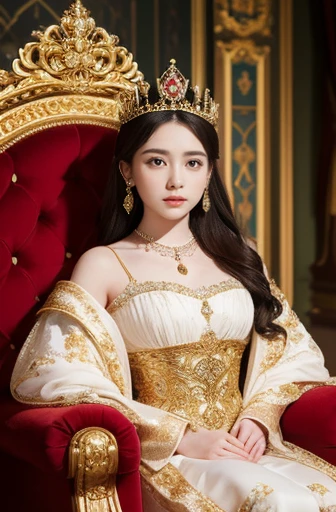 Create an image of a beautiful queen Victoria, 19-year-old, sitting majestically on an ornate golden throne. She wears a royal crown adorned with jewels and a long, flowing robe decorated with intricate gold embroidery and red velvet lining. The queen holds a scepter in her right hand, which is raised slightly. Her dress underneath the robe is white with delicate lace detailing. The scene is set in a grand room with rich, dark drapery and heraldic symbols in the background. The queen's expression is calm and composed, exuding a sense of authority and grace.