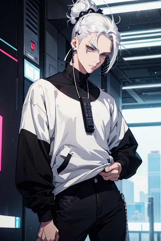 Anime man gradient young white hair low on shaved sides turns hair bun to the left side in the middle serious face with black earrings black sweatshirt Speed jeans futuristic clothes black dark circles under his eyes big black hair big brown hair extremely futuristic clothes futuristic clothes futuristic sweatshirt black skinny jeans male