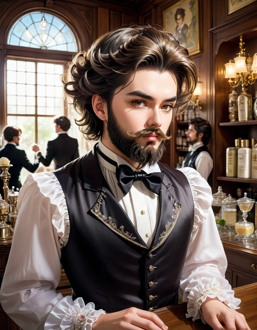 one dandy gentleman with a beard,Seventy-three parts of hair hardened with hair gel,wearing ta dress,He is in charge of the reception of the guild.Over the counter,(masterpiece), (best quality), (ultra-detailed), (illustration), (detailed light),(an extremely delicate and beautiful),natural light, wide angle shot,full body,and high quality photo.