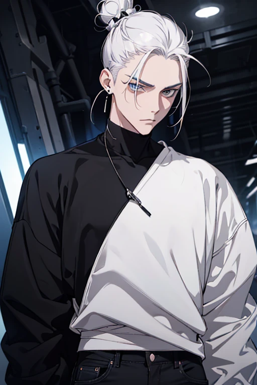 Anime man gradient young white hair low on shaved sides turns hair bun to the left side in the middle serious face with black earrings black sweatshirt Speed jeans futuristic clothes black dark circles under his eyes big black hair big brown hair extremely futuristic clothes futuristic clothes futuristic sweatshirt black skinny jeans male