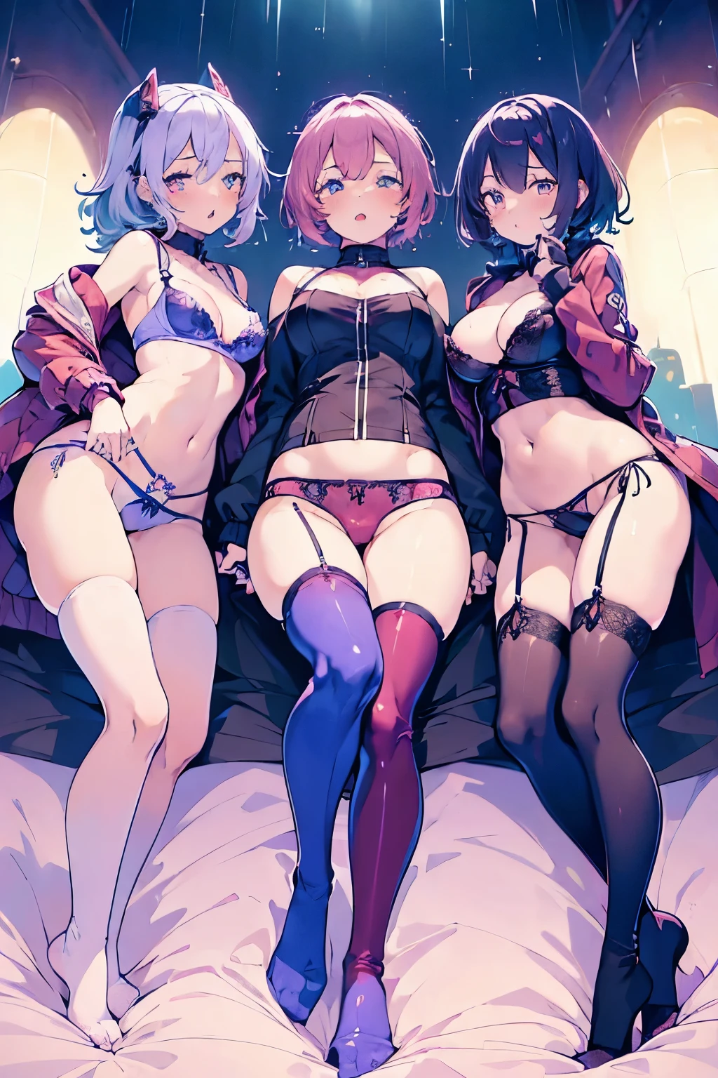 (((Three girls in lewd and risqué underwear,Showing off in a line))),
From below,smile,Seductive pose,Red, purple and blue design,
Very busty,Flexible body,Shiny body,Sweating profusely,Wet body,
Habitual hair,Shaggy Hair,Medium Short Hair,
Extreme open jacket,Thigh-high boots,
in the rain,
