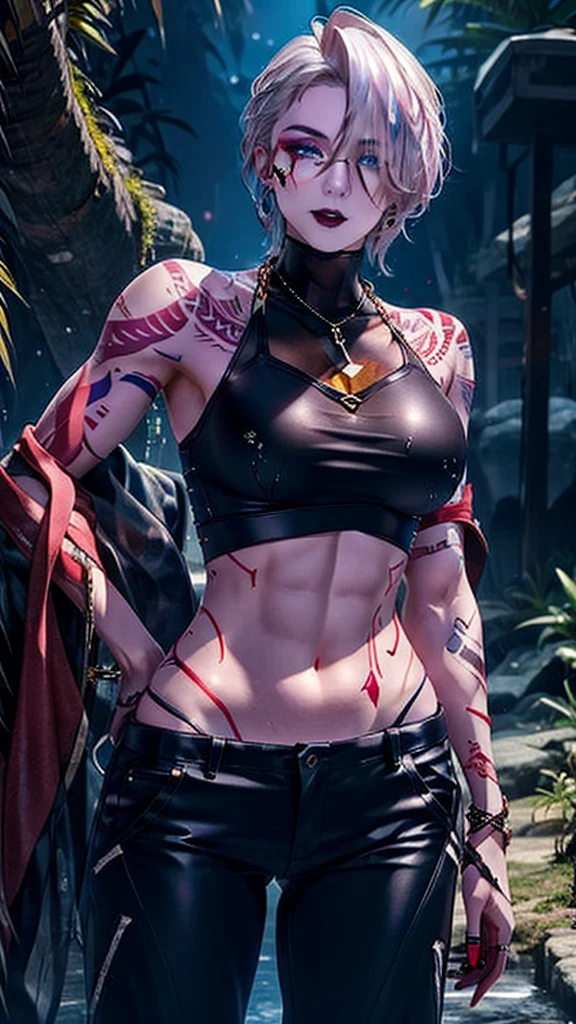 Zoya, perfect lighting, extremely detailed CG, 1girl, breasts, earrings, jewelry, makeup, medium breasts, necklace, shorthair, solo, Glowing red tattoo, arm tattoo, silver hair, wet, standing, pants, crop top, Zoya from path to nowhere, muscular female, sharp eye, Glowing red tattoo, perfect lighting, big breasts, bright white hair, black lips