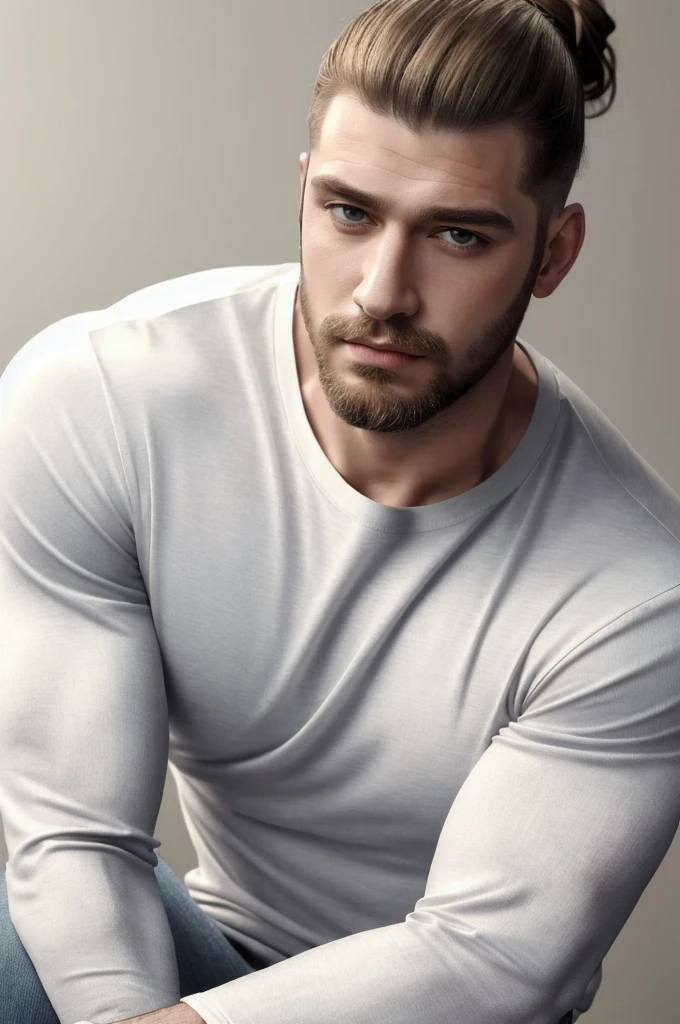 Best quality, masterpiece, ultra high res, portrait, (photorealistic:1.4), raw photo, handsome manly man, Top Knot, wearing white basic round neck plain Tee-shirt, tight jeans, boots, beard, detailed face textures,blond