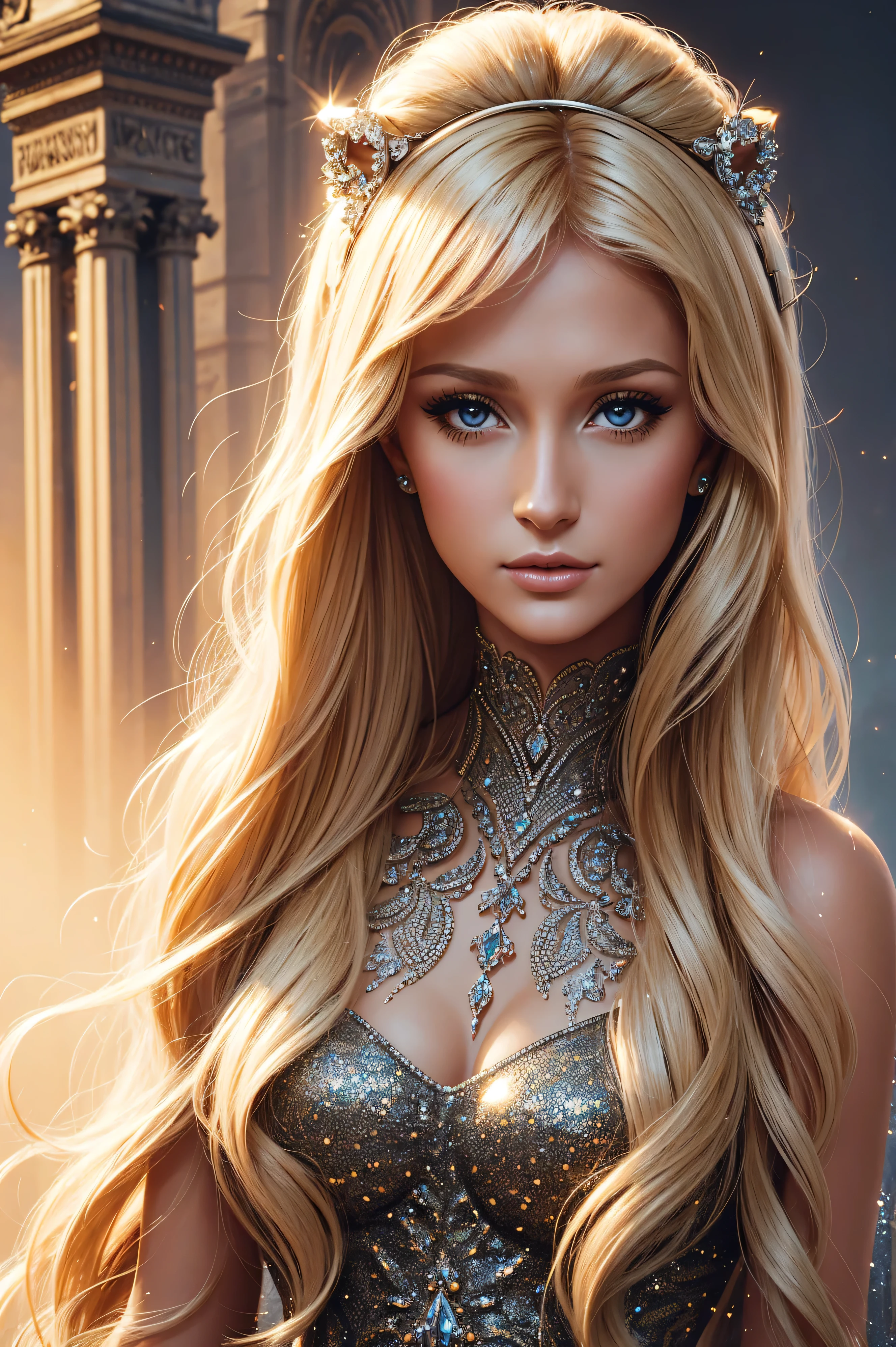 portrait Paris Hilton, wearing Dalmatian fur costume, against the background of the Arc de Triomphe in Paris, character portrait, 3 9 9 0 s, wavy hair, intricate, elegant, highly detailed, digital painting, artstation, concept art, smooth, sharp focus, illustration, art by wlop, charlie bowater and alexandra fomina, 36k, glittering, shining, correct anatomy