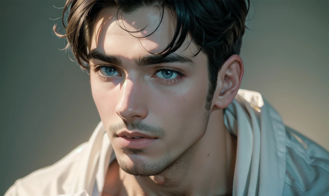 "((highly detailed, detailed eyes, detailed face, clear and realistic facial features, photorealistic, realistic light; cinematic)), (1 man), ((((artist studio background)))), (((24-year-old male))), (((seductive sexy erotic gorgeous greek male model))), ((((model is acting seductive)))), ((seductive expression)), (((blushing))), (short dark hair), (((clean-shaven face))), (((body draped in a sheet))."