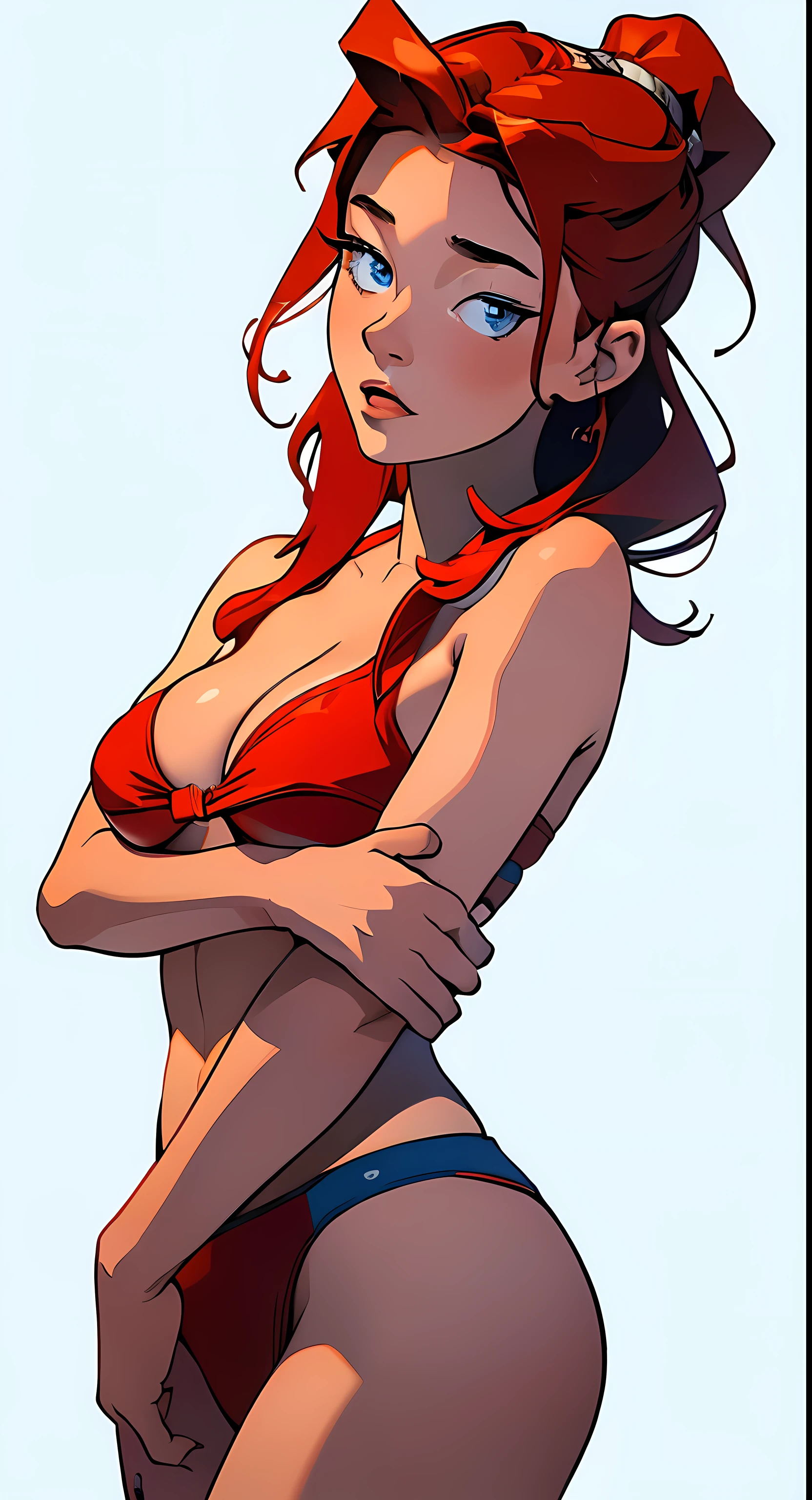 masterpiece, best quality, half body,1girl, highest image quality, 21-year-old woman, looks like Olivia Dunne, bright red hair, blue eyes, wearing a bikini, worried, large breasts, White background, empty background