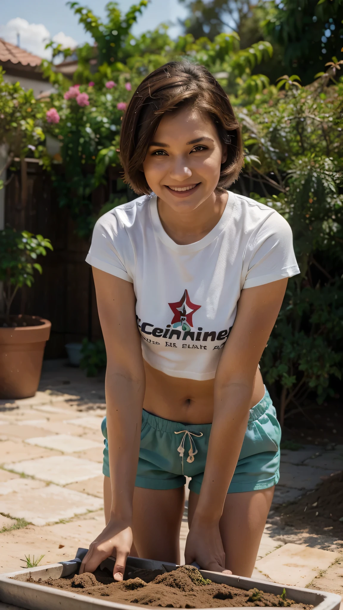tatar woman,brown short hair, brown eyes, 31 years old, smile, planting plants, wearing shorts and t-shirt