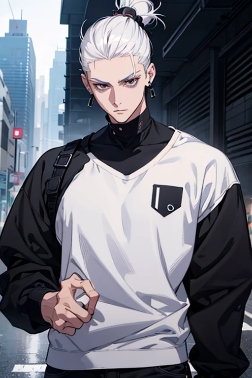 Anime man gradient young white hair low on shaved sides turns hair bun to the left side in the middle serious face with black earrings black sweatshirt Speed jeans futuristic clothes black dark circles under his eyes big black hair big brown hair extremely futuristic clothes futuristic clothes futuristic sweatshirt black skinny jeans male