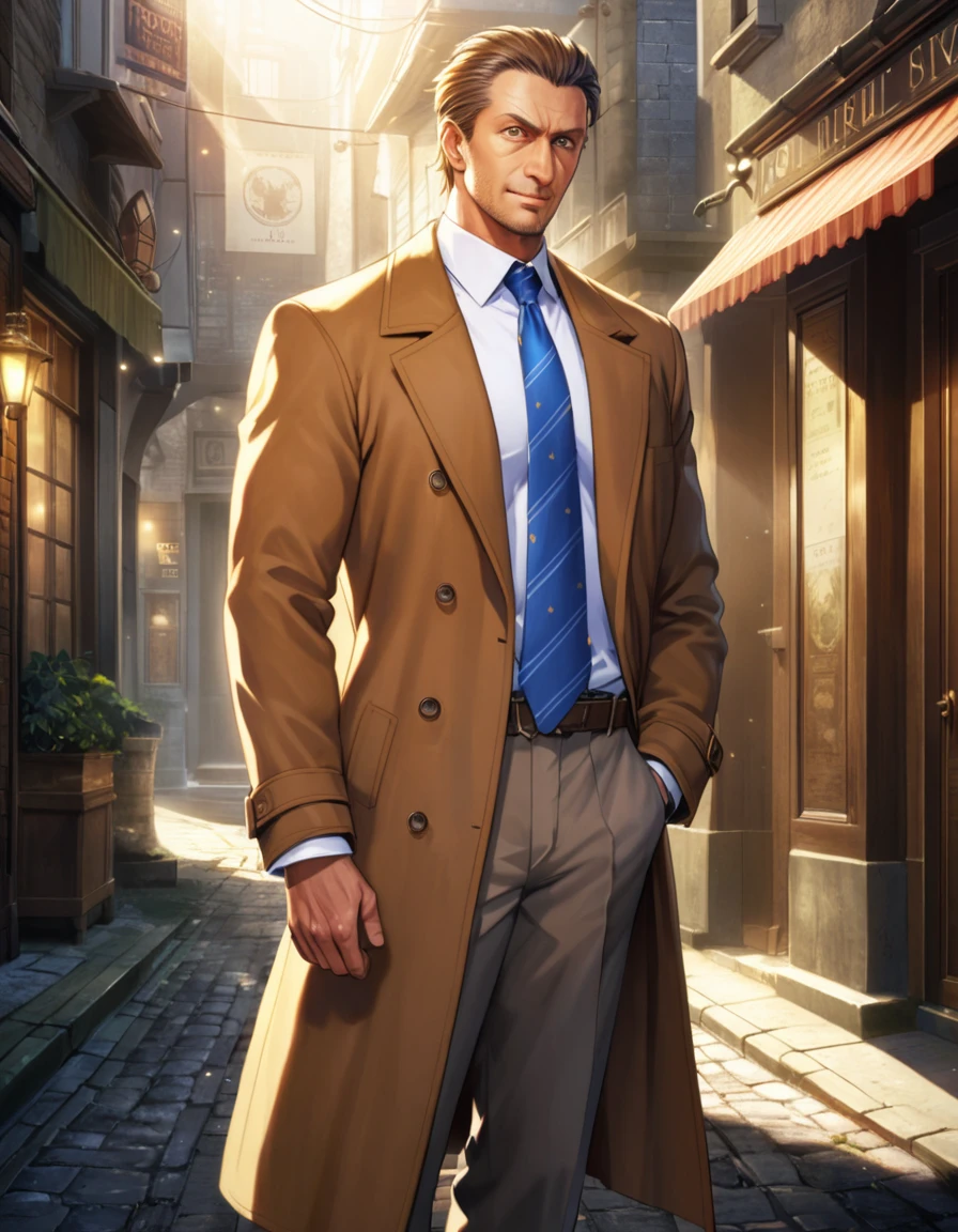 1man, veteran mature detective, muscular, boned nose, wavy slicked back spiked hair, yellow_brown hair, BREAK shihaku, brown eyes, dandy, virile, stubble, square shaped, large eyes, ugly, rough skin, facial wrinkles, ideal ratio body proportions, ordinaly, cute uncle, beautiful detailed eyes, broad waist, 40yo dude, languid, BREAK solo, upper legs, white collared shirt, blue necktie, brown trench coat, dark worn-out suit, cute smile, standing, in detective agency, detailed background, BREAK dandy posing, dramatic expression, oil colored, in capcom art style, in old eroge style, 2000s, anime key visual, cinematic shadows, cinematic lighting, lens flare, light leaks, masterpiece, best quality