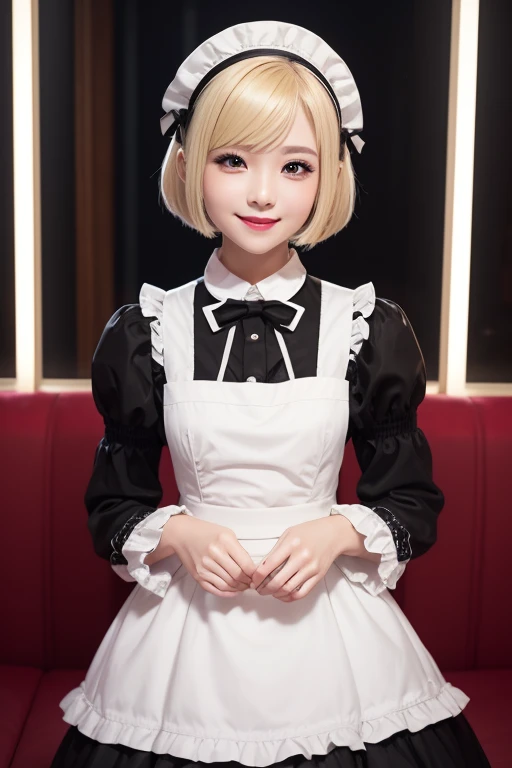 masterpiece、Highest quality、８ｋ、1 Girl、blonde hair bob cut, White skin、whole body、Gospel Lolita Fashion、black and white outfit, maid Cafe、night、light、Listen to orders、Cute Smile