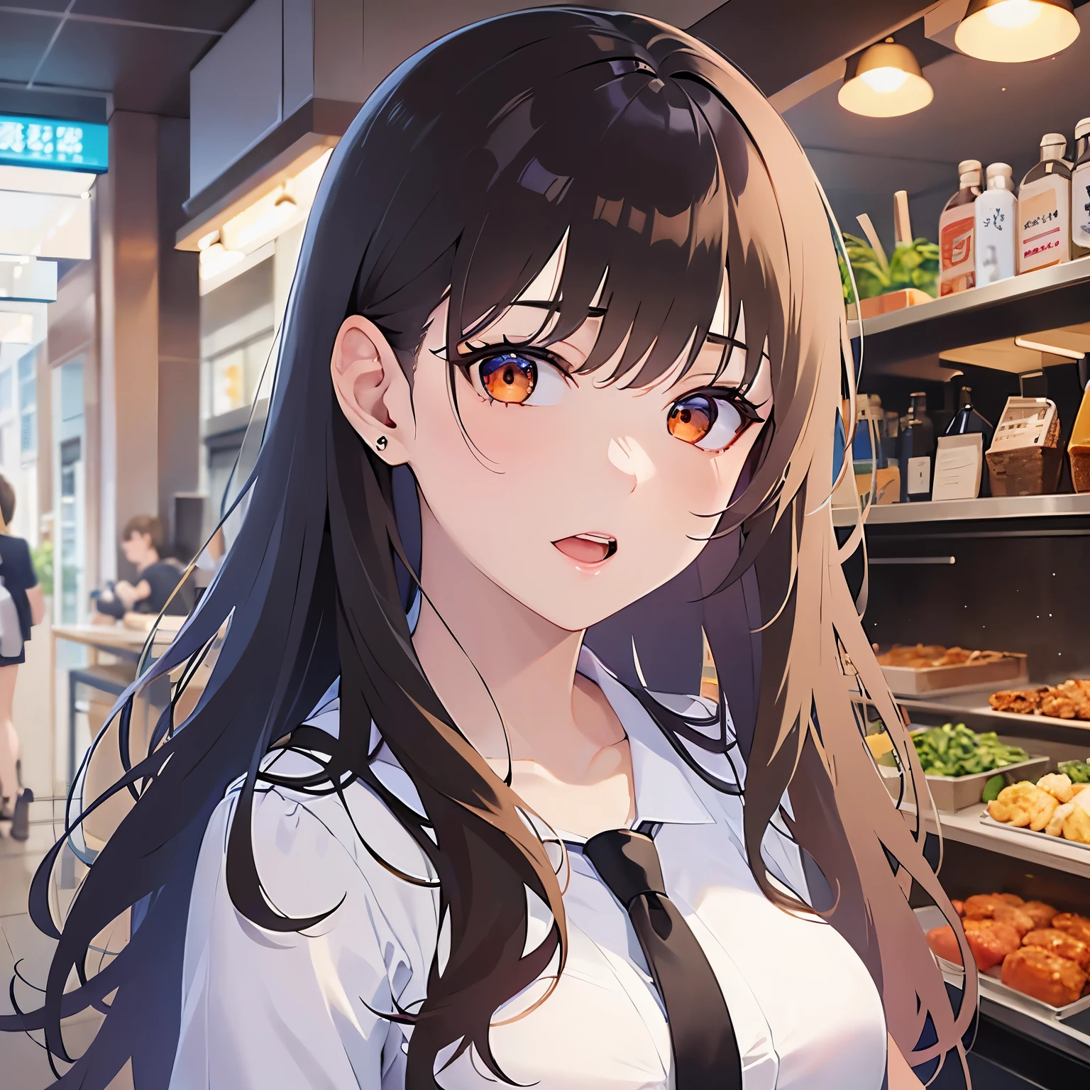 (looking at viewer:1.5),Upper Body, (hand to own mouth:1.5)、Realistic, real person, (pale skin: 1.2), RAW photo, photorealistic, shiny skin, shiny hair、 (A 25-year-old woman with medium-length hair and bangs) and (wavy hair) and (brown hair) and (orange eyes) 、 amazed,open mouth、White long sleeve dress、The background is inside the restaurant