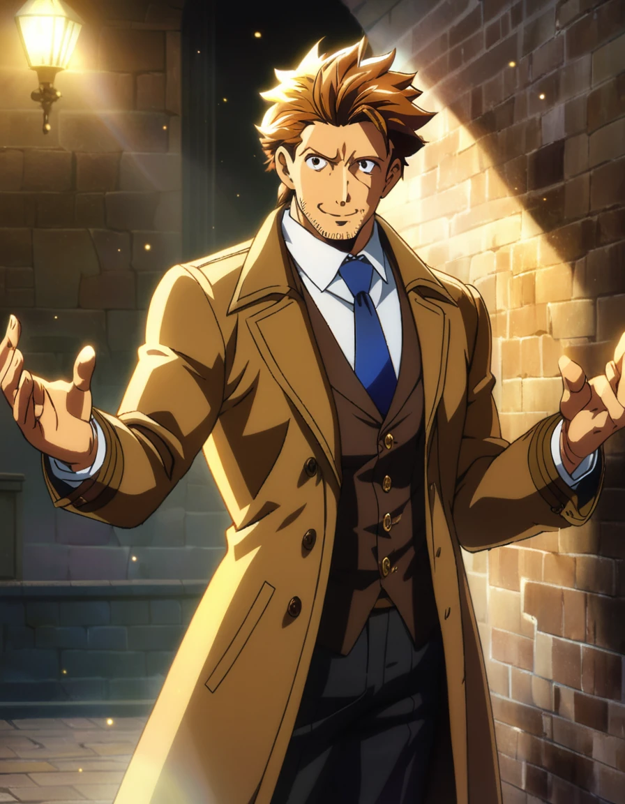 1man, veteran mature detective, muscular, boned nose, wavy slicked back spiked hair, yellow_brown hair, BREAK shihaku, brown eyes, dandy, virile, stubble, square shaped, large eyes, ugly, rough skin, facial wrinkles, ideal ratio body proportions, ordinaly, cute uncle, beautiful detailed eyes, broad waist, 40yo dude, languid, BREAK solo, upper legs, white collared shirt, blue necktie, brown trench coat, dark worn-out suit, cute smile, standing, in detective agency, detailed background, BREAK dandy posing, dramatic expression, great oil colored, in capcom art style, in old eroge style, 2000s, anime key visual, cinematic shadows, cinematic lighting, lens flare, light leaks, masterpiece, best quality