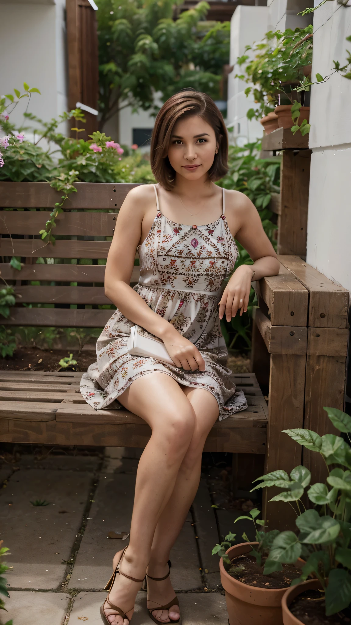 tatar woman, brown short hair, brown eyes, 31 years old, smirk, seating near the planting, wearing dress