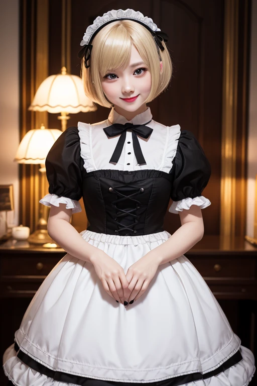 masterpiece、Highest quality、8k、1 Girl、blonde hair bob cut, White skin、whole body、Gospel ta Fashion、black and white outfit, maid Cafe、night、light、Listen to orderischievous Smile
