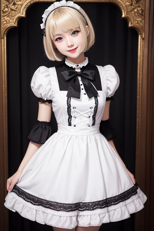 masterpiece、Highest quality、8k、1 Girl、blonde hair bob cut, White skin、whole body、Gospel ta Fashion、black and white outfit, maid Cafe、night、light、Listen to orderischievous Smile