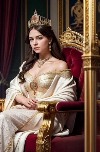 Create an image of a beautiful queen Victoria, 19-year-old, sitting majestically on an ornate golden throne. She wears a royal crown adorned with jewels and a long, flowing robe decorated with intricate gold embroidery and red velvet lining. The queen holds a scepter in her right hand, which is raised slightly. Her dress underneath the robe is white with delicate lace detailing. The scene is set in a grand room with rich, dark drapery and heraldic symbols in the background. The queen's expression is calm and composed, exuding a sense of authority and grace.
