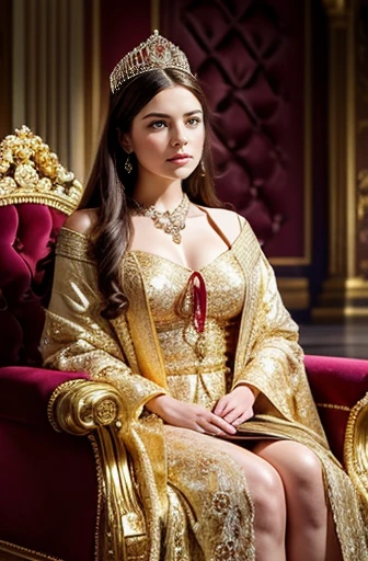 Create an image of a beautiful queen Victoria, 19-year-old, sitting majestically on an ornate golden throne. She wears a royal crown adorned with jewels and a long, flowing robe decorated with intricate gold embroidery and red velvet lining. The queen holds a scepter in her right hand, which is raised slightly. Her dress underneath the robe is white with delicate lace detailing. The scene is set in a grand room with rich, dark drapery and heraldic symbols in the background. The queen's expression is calm and composed, exuding a sense of authority and grace.