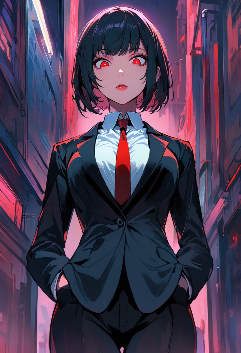 a woman in a suit, looking down at viewer with sharp eyes, she is smoking a cigarette, hands are in the trouser pocket, beautiful, red eye, black hair, wolf hair cut, low angle view