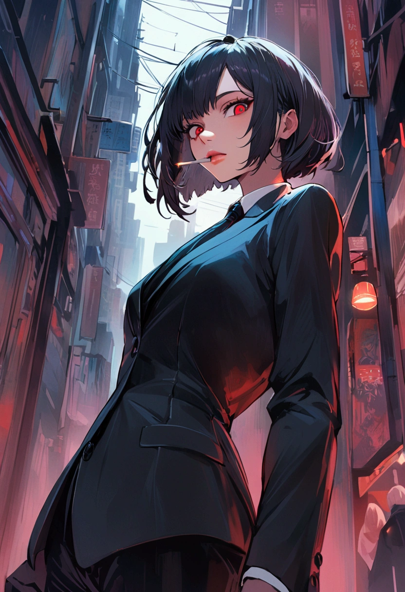 a woman in a suit, looking down at viewer with sharp eyes, she is lightining a cigarette, beautiful, red eye, black hair, wolf hair cut, low angle view