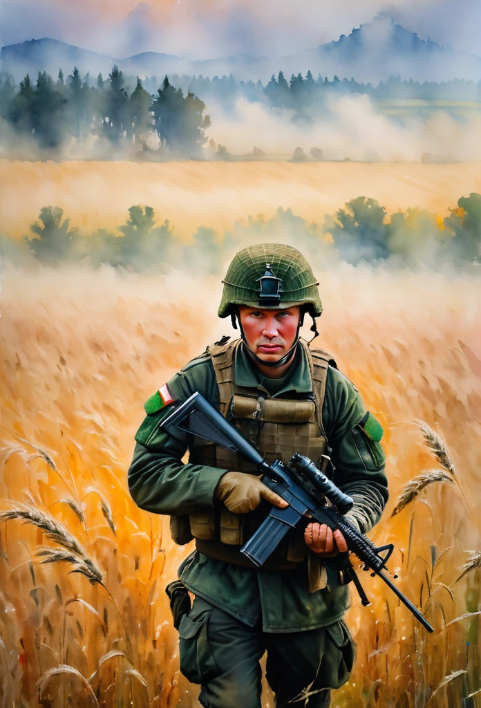 Masterpiece cinematic photo, photograph cinematic photo a russian Up to date  soldier (close-up) with a weapon in his hands ,Tactical camouflage,  ultra detailed, ultra sharp, ((best quality, симметрия)), ((masterpiece)), Walking through a rye field, ripe rye, morning, fog,  photograph, film, bokeh, professional, 16k , oil and watercolor painting, dark, chiaroscuro 