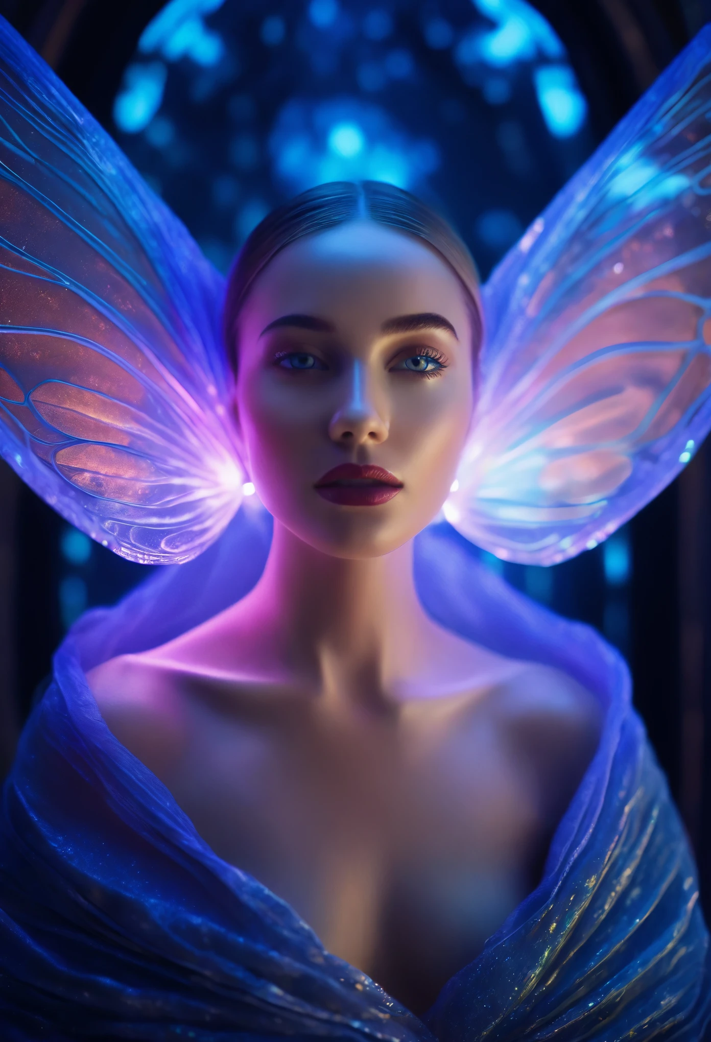 1 beautiful female alien girl emerging from a cocoon, detailed beautiful face like cute girl and body, from back, (glowing eyes, glowing skin:1.5), intricate organic details, translucent wings, symmetrical face, ethereal lighting, cinematic, vibrant colors, digital art, highly detailed, 8k, photorealistic, whole body, Floating in the air