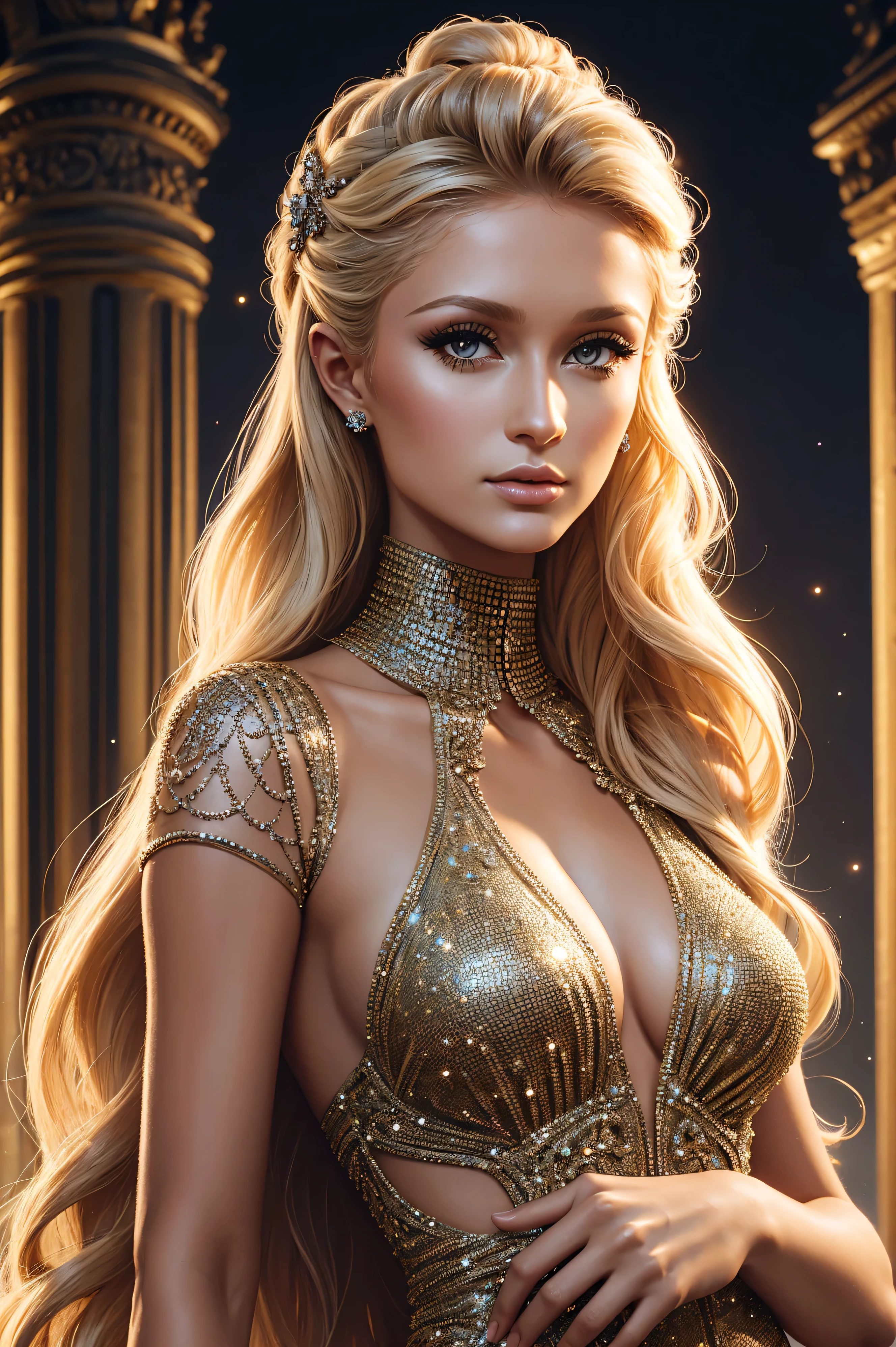 portrait Paris Hilton, wearing Dalmatian fur costume, against the background of the Arc de Triomphe in Paris, character portrait, 3 9 9 0 s, wavy hair, intricate, elegant, highly detailed, digital painting, artstation, concept art, smooth, sharp focus, illustration, art by wlop, charlie bowater and alexandra fomina, 36k, glittering, shining, correct anatomy